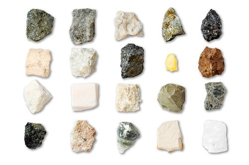 Collection of minerals on white background